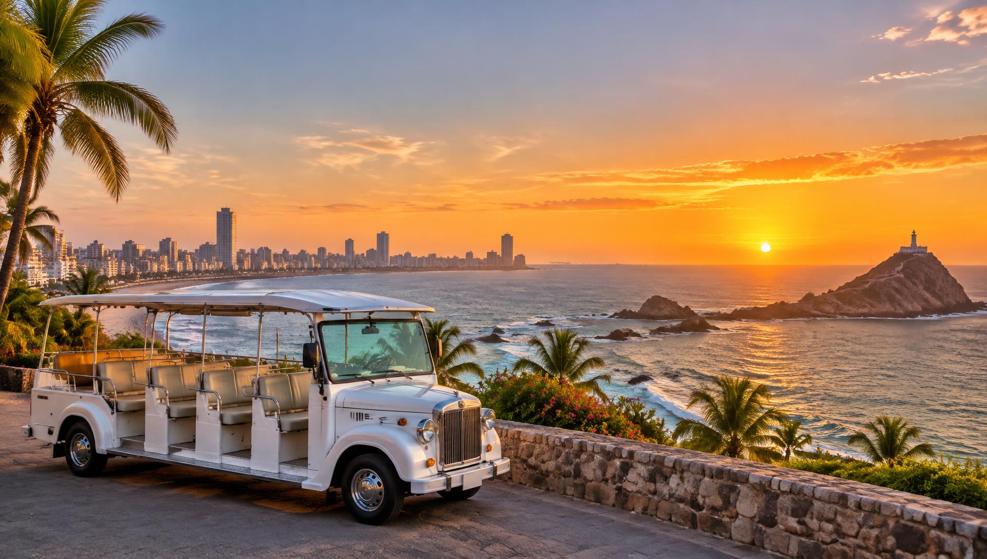 Open-air Mazatlán tour vehicle overlooking the coast at sunset